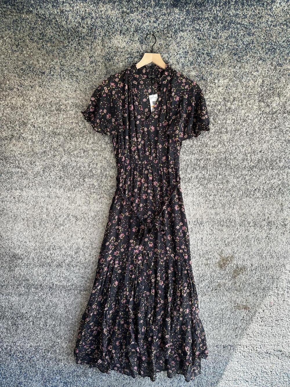 Jessica Simpson Dress Womens Small Black Floral Maxi Wrap Ruffle Belted V Neck